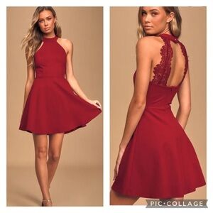 Lulu’s Hometown Girl Wine Red Lace Skater Dress